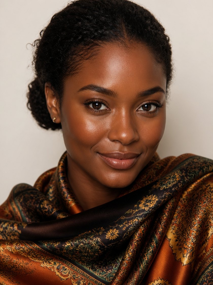 Woman glowing in her Deep Autumn colors — rich rust, gold and olive silk