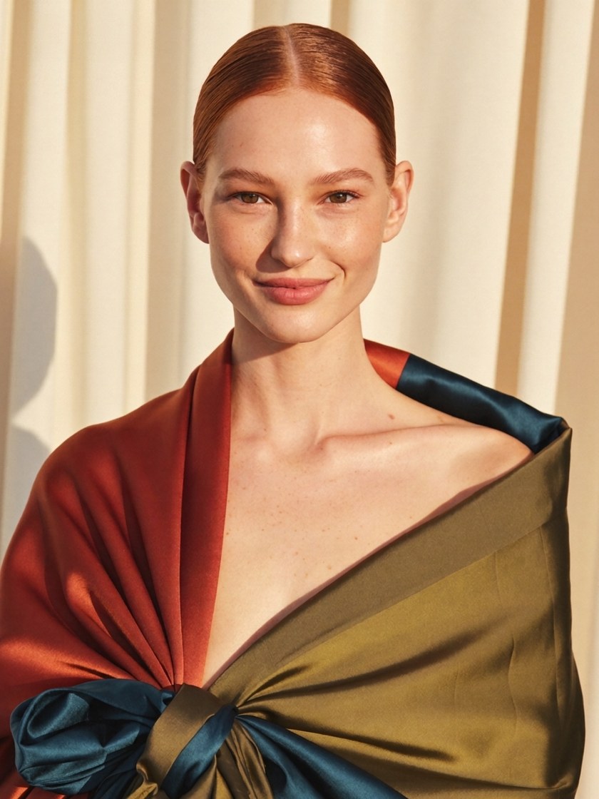 Woman glowing in her True Autumn rust, olive and teal
